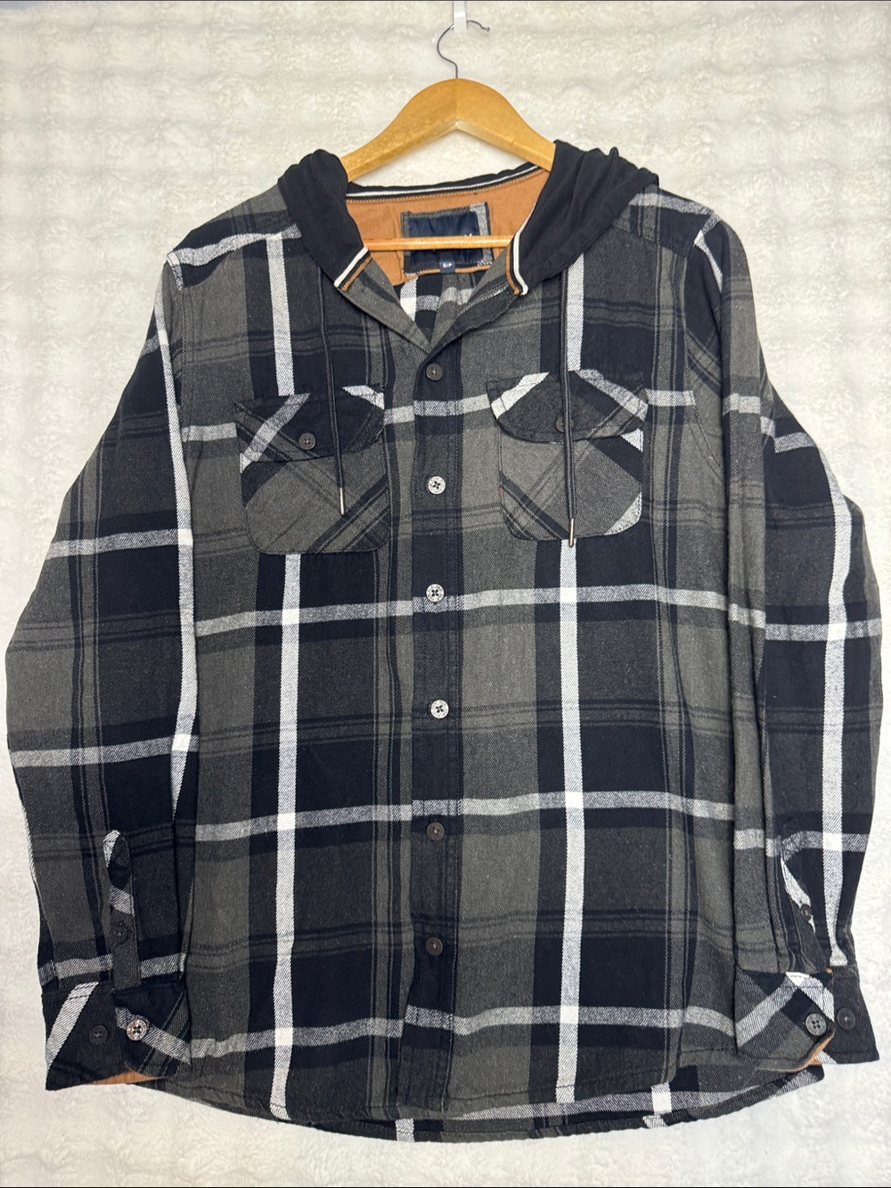 KOLBY Long Sleeve Heavier 100% Cotton Button Up Shirt With Hood Small